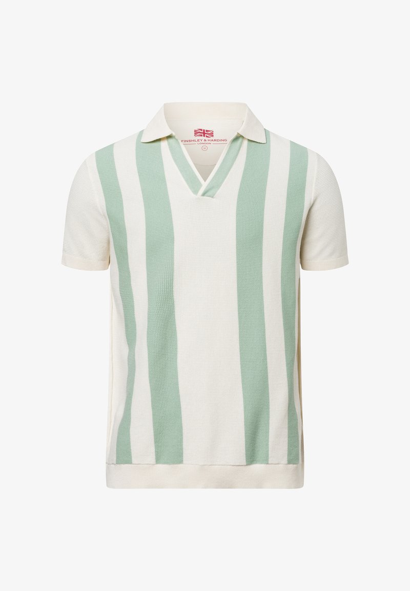 Sweter polo w kolorze kremowym z pionowymi miętowymi paskami. Posiada dekolt w kształcie litery V i krótkie rękawy. Teksturowana tkanina.