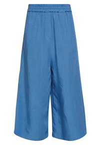 Blue wide-leg pants made of lightweight fabric, featuring an elastic waistband and side pockets. Smooth texture with no visible patterns.