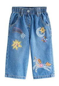 Pantaloni in denim con cintura elasticizzata, caratterizzati da vivaci ricami: un unicorno, un sole, una stella e una luna crescente, con diversi modelli di cucitura.