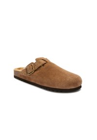 Zoccoli in suede marrone, senza lacci, con punta arrotondata e cinturino regolabile. Presentano un rivestimento soffice e una suola in gomma testurizzata per una buona aderenza.