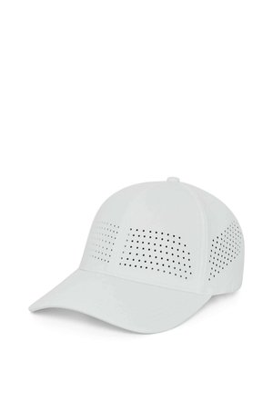 Weißes Baseballcap mit gebogenem Schirm und seitlichen perforierten Einsätzen zur Belüftung, dargestellt vor weißem Hintergrund.