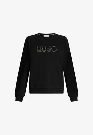 Sort sweatshirt med lange ærmer, ribbede manchetter og kant. Funktioner brandnavnet "LIU•JO" dekoreret med funklende sten henover brystet.