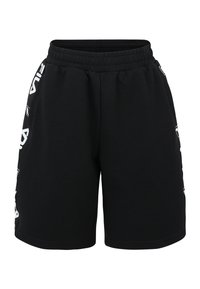 Mustat puuvillashortsit, joissa on joustava vyötärö, valkoiset br�ändäyskoristukset sivuilla ja rento leikkaus.