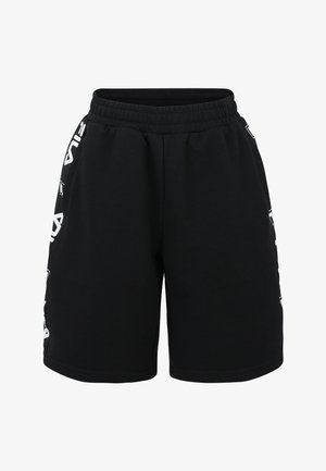 Sorte bomulds shorts med elastisk talje, i design med hvide brandingdetaljer på siderne og en afslappet pasform.