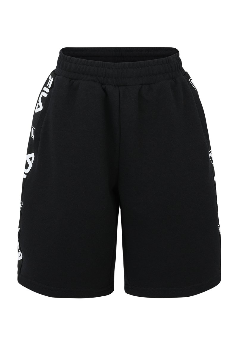 Mustat puuvillashortsit, joissa on joustava vyötärö, valkoiset brändäyskoristukset sivuilla ja rento leikkaus.