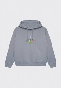 Szara bluza z kapturem wykonana z mieszanki bawełny, z przednią kieszenią i kolorowym wzorem graficznym, który zawiera tekst oraz elementy rysunkowe na środku.