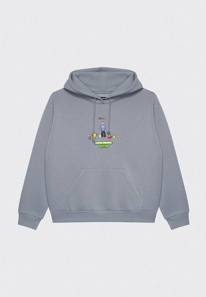 Szara bluza z kapturem wykonana z mieszanki bawełny, z przednią kieszenią i kolorowym wzorem graficznym, który zawiera tekst oraz elementy rysunkowe na środku.