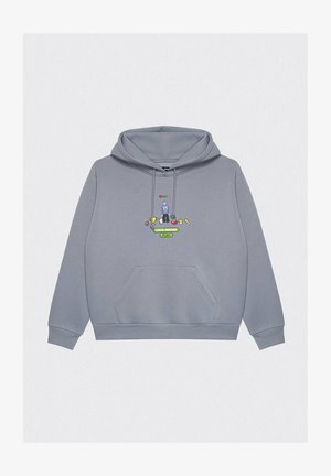 Szara bluza z kapturem wykonana z mieszanki bawełny, z przednią kieszenią i kolorowym wzorem graficznym, który zawiera tekst oraz elementy rysunkowe na środku.