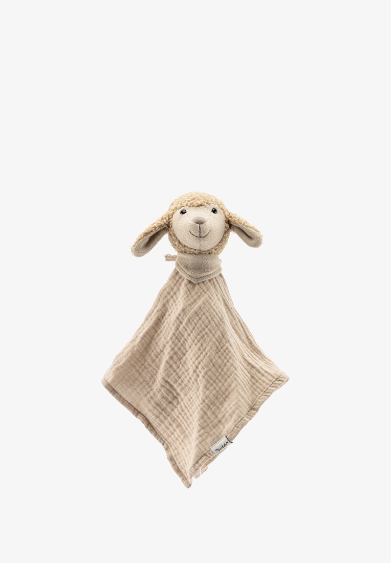 Soft beige stuffed lamb head with floppy ears attached to a textured, square, beige muslin blanket. Notable stitched accents on the blanket edge.