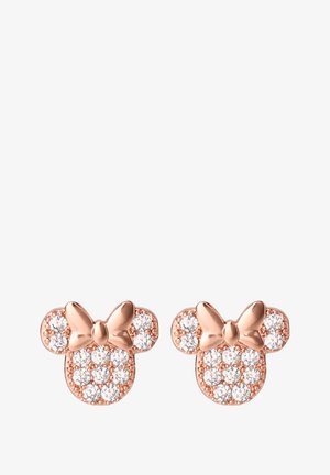 Roze gouden studs gevormd als een muizenhoofd, versierd met een strik en bezet met heldere kristallen voor extra sprankeling.