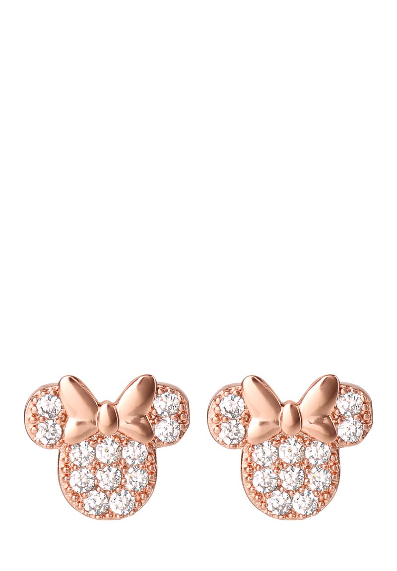 Boucles d'oreilles clou en or rose en forme de tête de souris, ornées d'un nœud et incrustées de cristaux transparents pour un éclat supplémentaire.