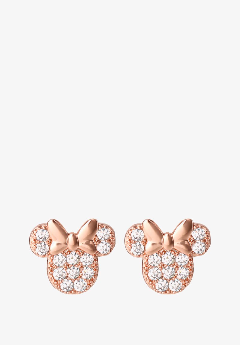 Boucles d'oreilles clou en or rose en forme de tête de souris, ornées d'un nœud et incrustées de cristaux transparents pour un éclat supplémentaire.