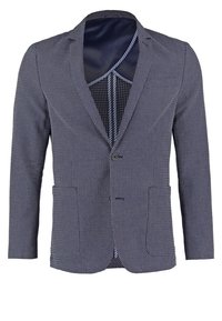 Marinblå blazer med strukturerat mönster, enkel knäppning, slagkrage, två framfickor och kontrasterande mönstrad foder.