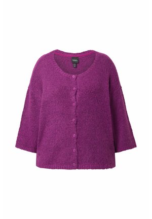 Cardigan viola in maglia testurizzata con scollo rotondo, maniche lunghe e chiusura frontale con bottoni.