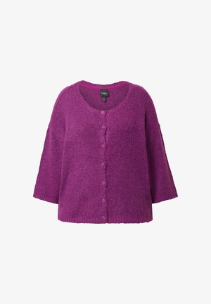 Fialový pletený kardigan s kulatým výstřihem, dlouhými rukávy a zapínáním na knoflíky vpředu.