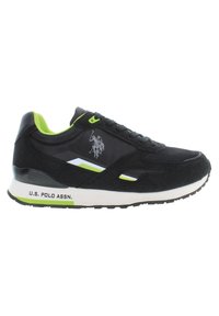 Scarpa sportiva nera caratterizzata da un mix di suede e tessuto, dettagli in verde neon, suola intermedia bianca, logo e suola con grip testurizzato.