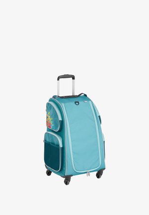 Teal soft-shell suitcase with dual smooth wheels, retractable handle, two side pockets, and colorful geometric pattern on one side.