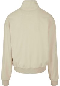 Maglione beige chiaro, caratterizzato da un alto colletto, polsi e bordo a costine, con una vestibilità rilassata e una texture liscia. Nessun elemento di design visibile nella parte anteriore.