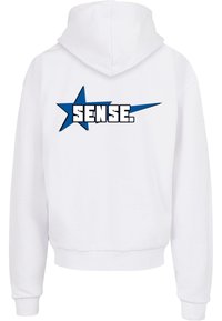 White hoodie with a blue star graphic and "SENSE." text on the back. Features a drawstring hood and ribbed cuffs and hem.