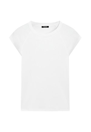 Enkel vit t-shirt med korta ärmar, rund halsringning och raglanärmar, visas på en vit bakgrund.