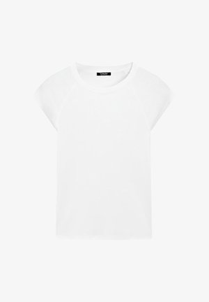 Effen wit T-shirt met korte mouwen, een ronde hals en raglanmouwen, afgebeeld op een witte achtergrond.