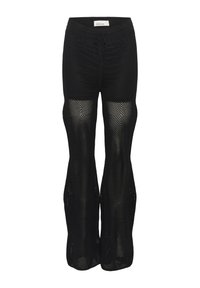 Zwarte meshbroek met een losse fit, voorzien van een trekkoord in de taille en een geometrisch patroon door de stof. Flared broekspijpen.