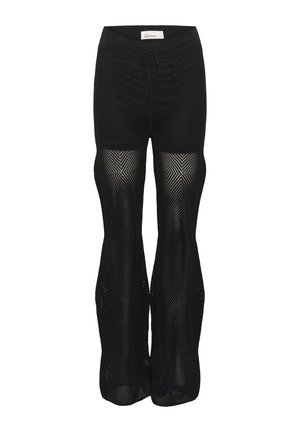 Pantaloni in rete neri con vestibilità comoda, dotati di un'elastico in vita e un motivo geometrico su tutto il tessuto. Aperture delle gambe svasate.
