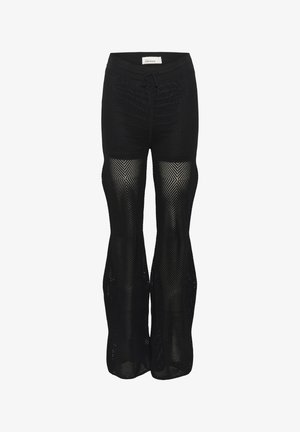 Juodi tinkliniai kelnių klasikinio silueto, su laisva kirpimo, perrišamu juosmeniu ir geometriniu raštu visame audinyje. Platūs kelnių galai.