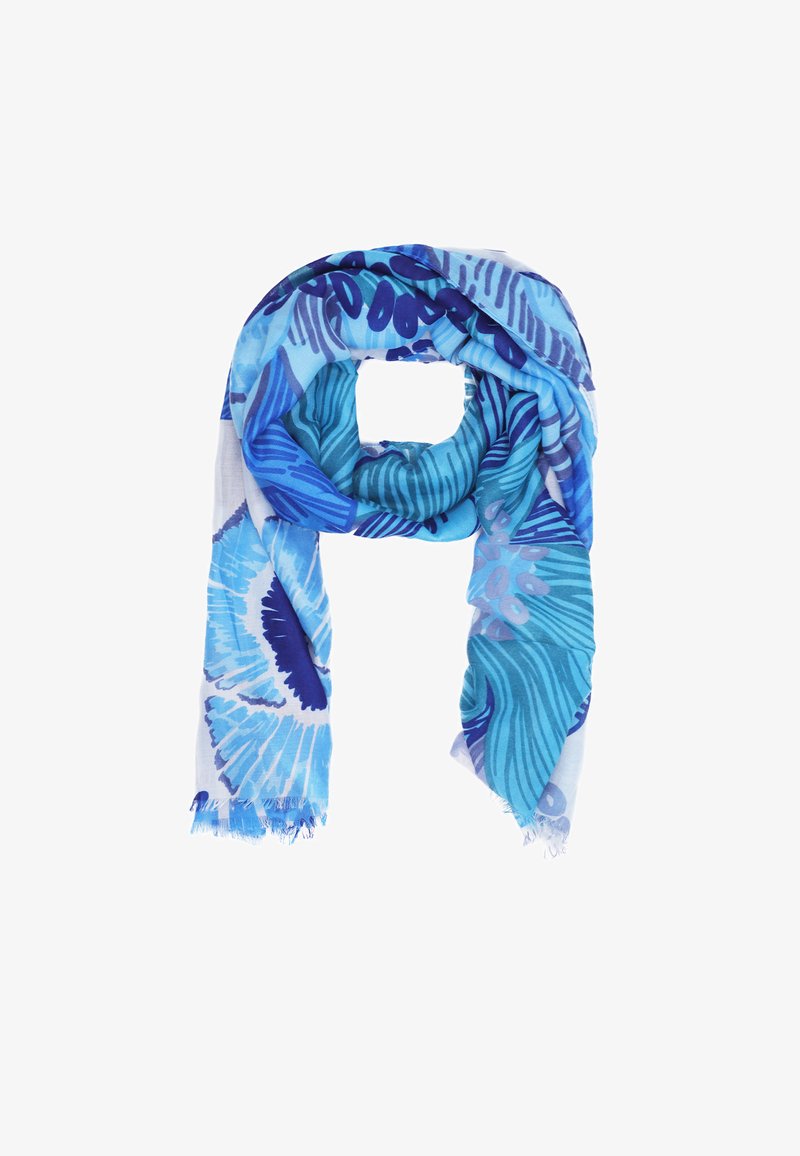 Sciarpa blu a motivi, caratterizzata da tonalità di blu chiaro e scuro, realizzata in un tessuto morbido e leggero, con frange ai bordi.