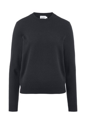 Black round-neck sweater made of soft fabric. Features long sleeves and ribbed cuffs and hem, with a textured finish. Minimalist design.