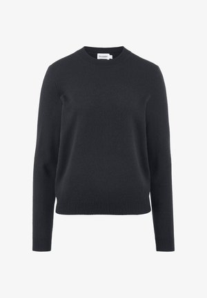 Schwarzer Rundhals-Pullover aus weichem Stoff. Mit langen Ärmeln und gerippten Bündchen und Saum, mit einer strukturierten Oberfläche. Minimalistisches Design.