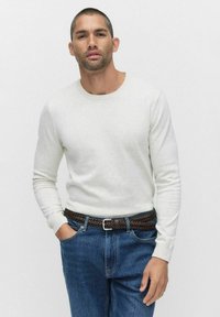 Ljusgrå långärmad tröja med rundad halsringning, kombinerad med blå jeans och ett brunt flätat bälte. Enkelt design, mjuk textur.