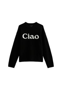 Schwarzer Pullover mit Rundhalsausschnitt und langen Ärmeln, mit einer flauschigen Textur und weißen "Ciao"-Buchstaben auf der Vorderseite.
