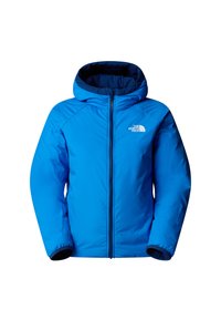 Giacca imbottita con cappuccio di colore blu brillante, dotata di cerniera frontale completa, polsini elastici e logo sul lato sinistro del petto. Tessuto liscio e resistente.