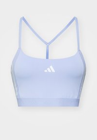 Lys blå sports-bh laget av glatt stoff. Har tynne, justerbare stropper og en ribbet kant med trykte logo detaljer.