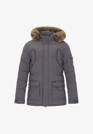 Grå polstret parka med aftagelig hætte med pelskant, frontlommer med klap, lynlåslommer på brystet og elastiske manchetter. Glat tekstur.
