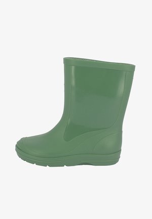 Grüner Gummistiefel mit strukturierter Sohle und mittelhohem Schaft, entworfen für wasserdichte Außenanwendung.