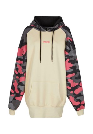 Hooded sweatshirt in beige with black drawstrings, featuring camo-patterned sleeves in grey and pink, and a front kangaroo pocket.