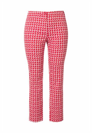 Bukser med smal pasform med rødt og hvidt geometrisk bladmønster, knaplukning i taljen og ankellængde.