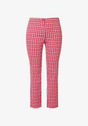 Eng geschnittene Hose mit rotem und weißem geometrischem Blattmuster, Knopfverschluss an der Taille und knöchellangem Schnitt.