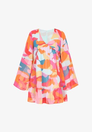 Värviline tunika kleit, millel on lilleline abstraktne muster roosa, oranži ja sinise tooni kombinatsioon. Sellel on pikad kellukesevarrukad ja volangiga alumine äär.