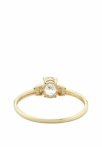 Goldring mit glattem Band, ausgestattet mit einem zentralen runden klaren Stein und zwei kleineren Steinen an jeder Seite, minimalistisches Design.