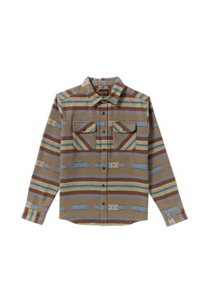 Camicia di flanella marrone con strisce orizzontali blu, gialle e rosse. Include due tasche sul petto e bottoni sul davanti.