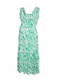 Zelené a bílé vzorované těhotenské šaty s volánkovými ramínky, nařaseným tělem a vrstveným designem sukně. Tkanina má jemnou texturu.