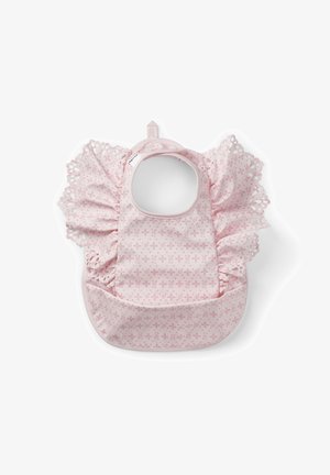 Vaippa roosa, millel on pitsitaolised volangkäised ja keskne tasku, kaunistatud lillemustriga. Valmistatud pehmest ja kergest kangast.