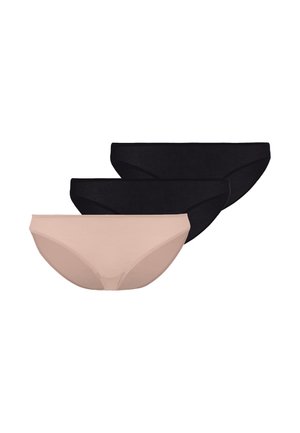 Trois culottes de bikini sans couture pour femmes dans un lot, deux noires et une beige, disposées en chevauchement sur fond blanc.