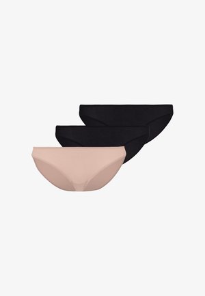 Trois culottes de bikini sans couture pour femmes dans un lot, deux noires et une beige, disposées en chevauchement sur fond blanc.
