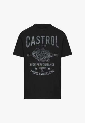 Black t-shirt with vintage Castrol logo, engine illustration, and text promoting high performance motor oil and liquid engineering.