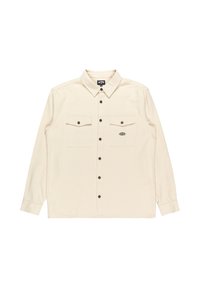Lichtbeige knoopshirt van een katoenmix, met twee borstzakken, donkere knopen en een klein logo aan de linkerkant. Lange mouwen.