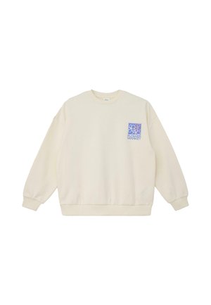 Felpa girocollo color crema con una piccola grafica floreale blu e rosa e la scritta "Flower Market" sul lato sinistro del petto.